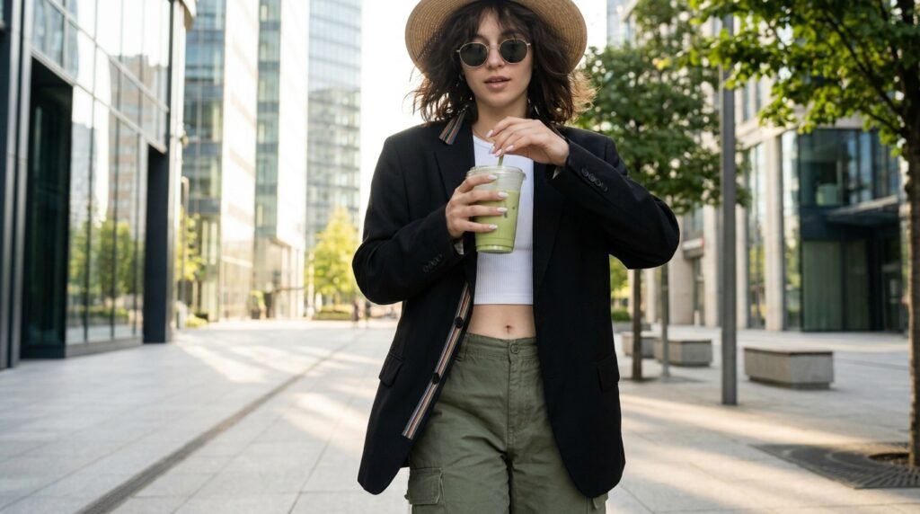 A young woman walking down a sunny, modern city street looking effortlessly cool in a street chic outfit. She wears baggy olive cargo pants, a crisp white ribbed crop top, and an oversized black blazer with a subtle rainbow trim on the lapel. She holds an iced matcha latte, showing off a simple, minimalist nail design with a single pastel tip. Soft, natural sunlight, cinematic lighting, luxury trendy mood, photorealistic, 8k resolution, highly fashionable.]