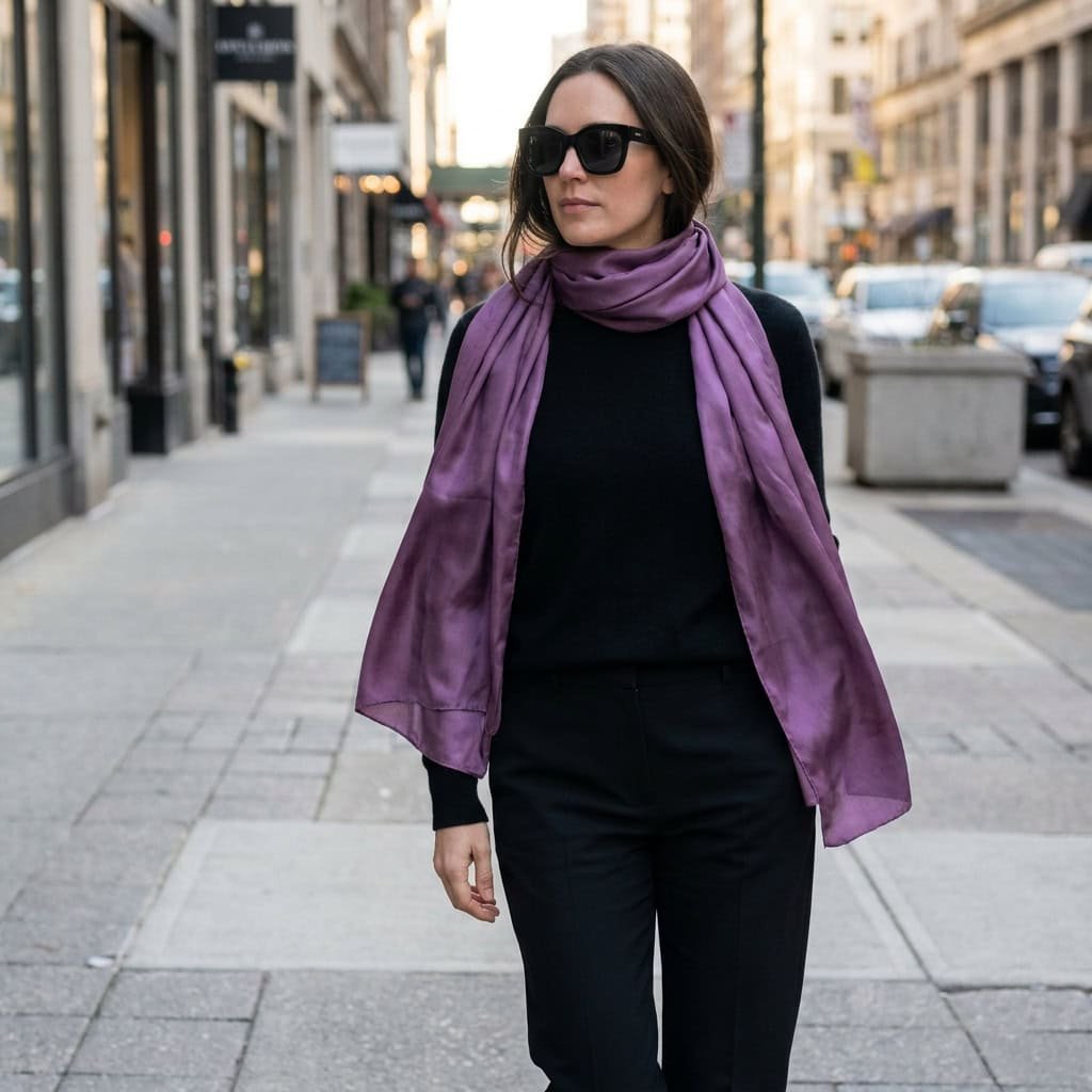A minimalist Mardi Gras look featuring an all-black cashmere sweater and trousers outfit accessorized with a large amethyst purple silk wrap scarf.