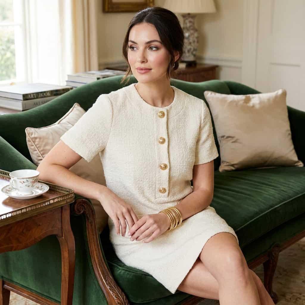 A chic, minimalist outfit featuring a cream bouclé shift dress with prominent gold vintage button details for a luxury Carnival look.