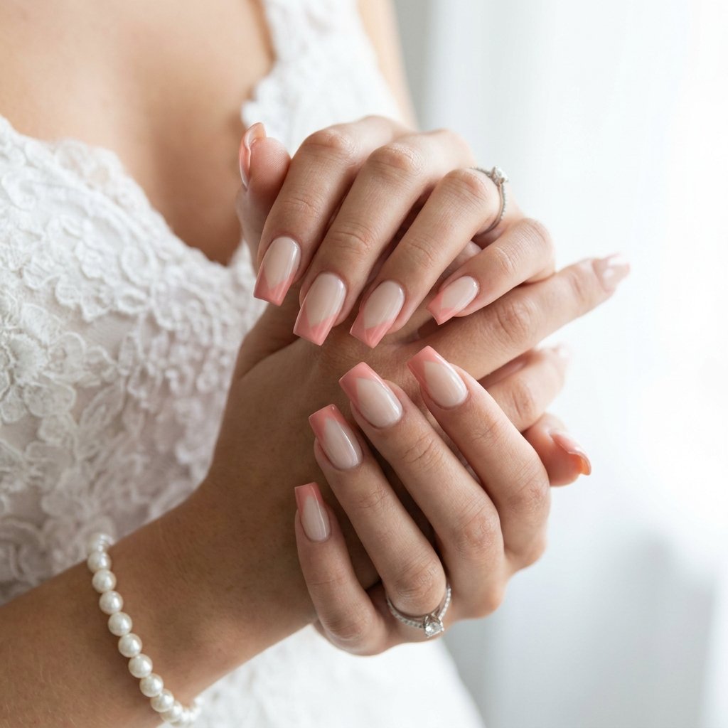 Sharp square wedding nails showing a clean diagonal block tip painted in a warm, muted coral-pink polish