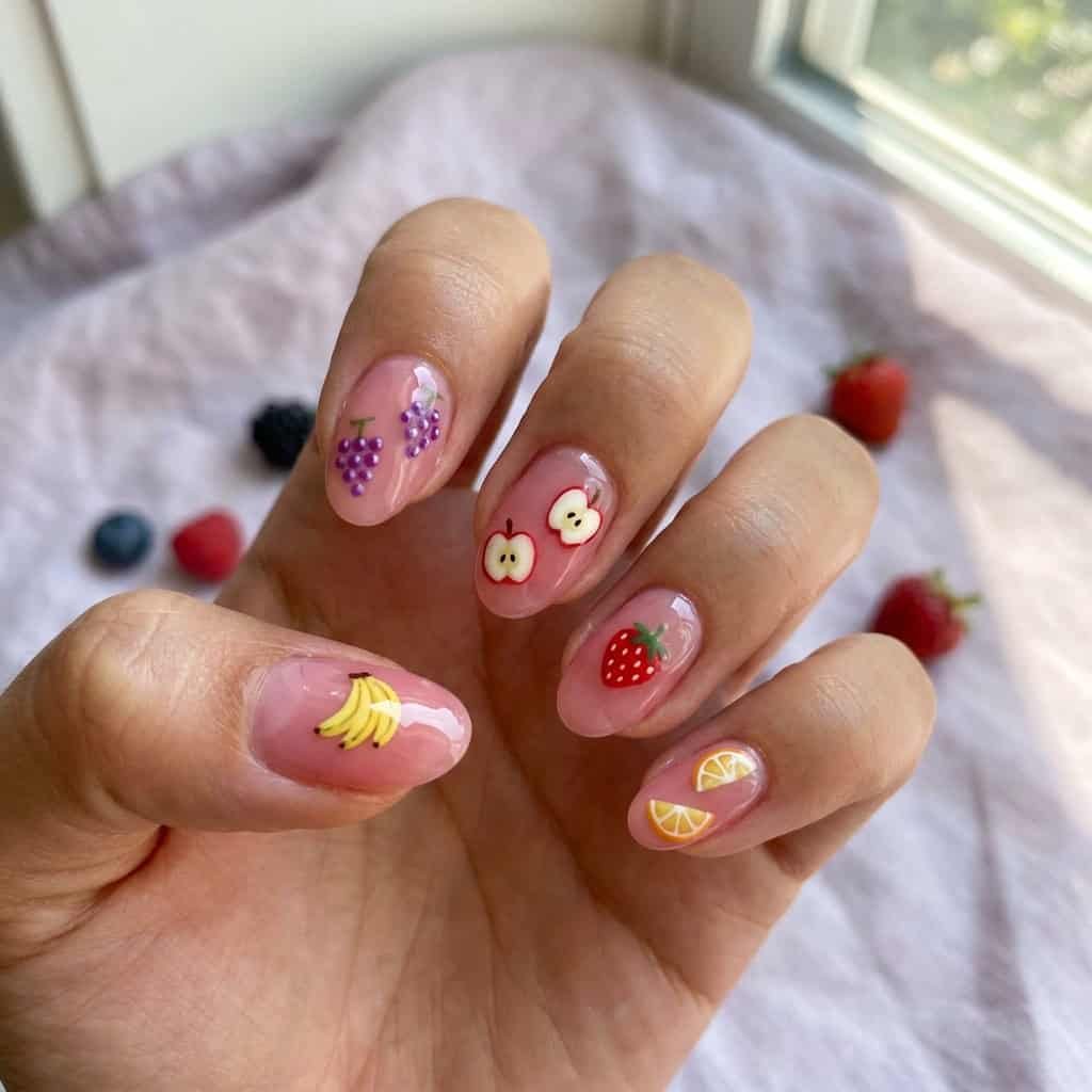 Eclectic mixed summer fruit nails design on a unified jelly base