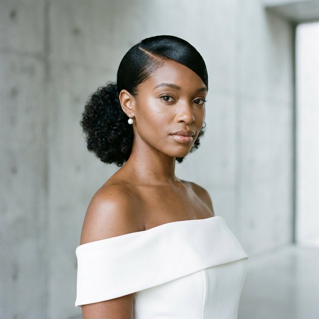 A black bride with a deep side part and a smooth swoop hair detail leading into a neat natural low puff.