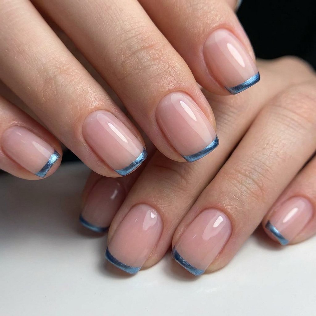 Short squoval nails featuring an ultra-thin, razor-sharp steel blue French line at the very edge of the nail