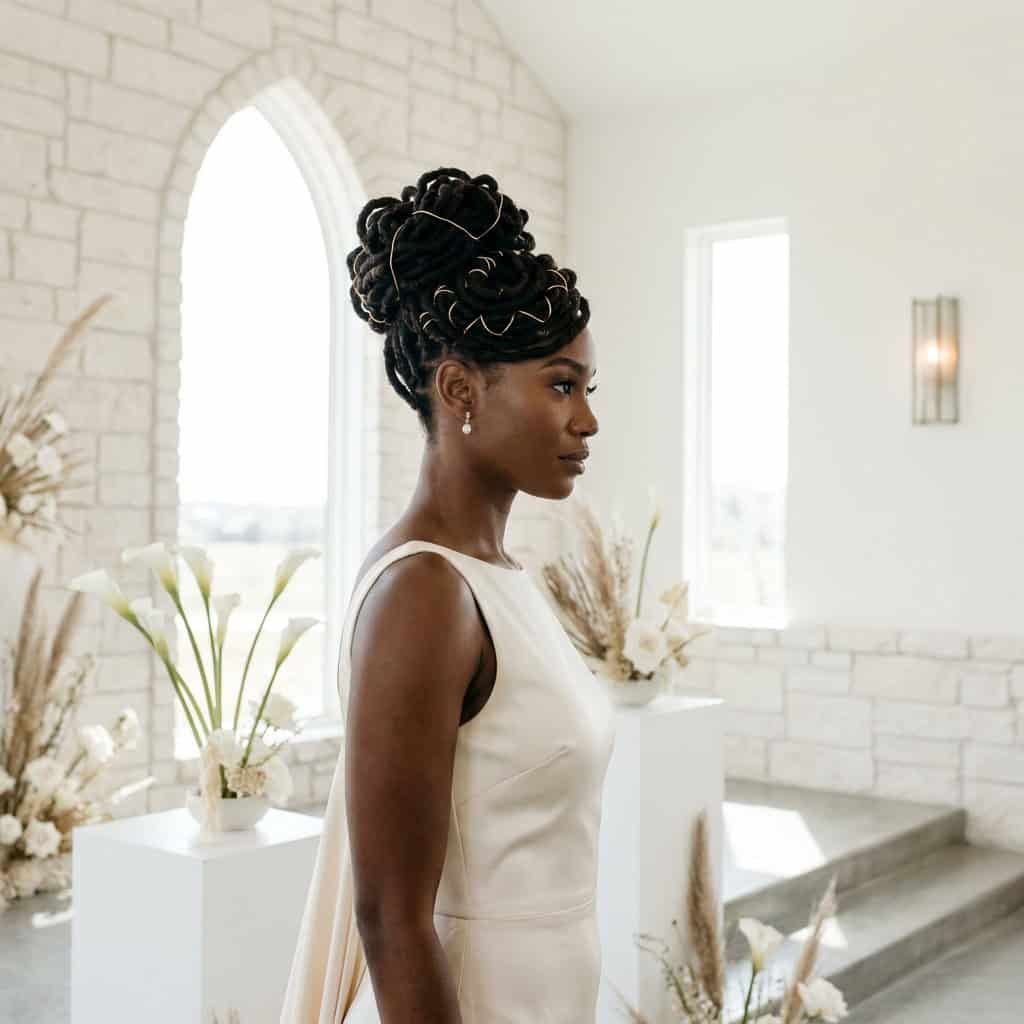 A black bride with mature locs beautifully styled into a clean, structural updo with a smooth hairline