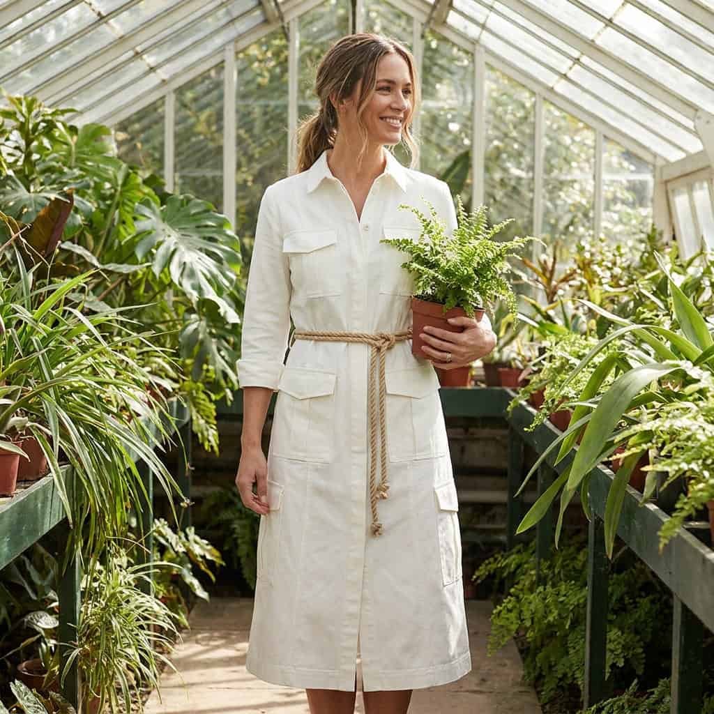 White utility-style shirt dress styled with a minimalist organic rope belt