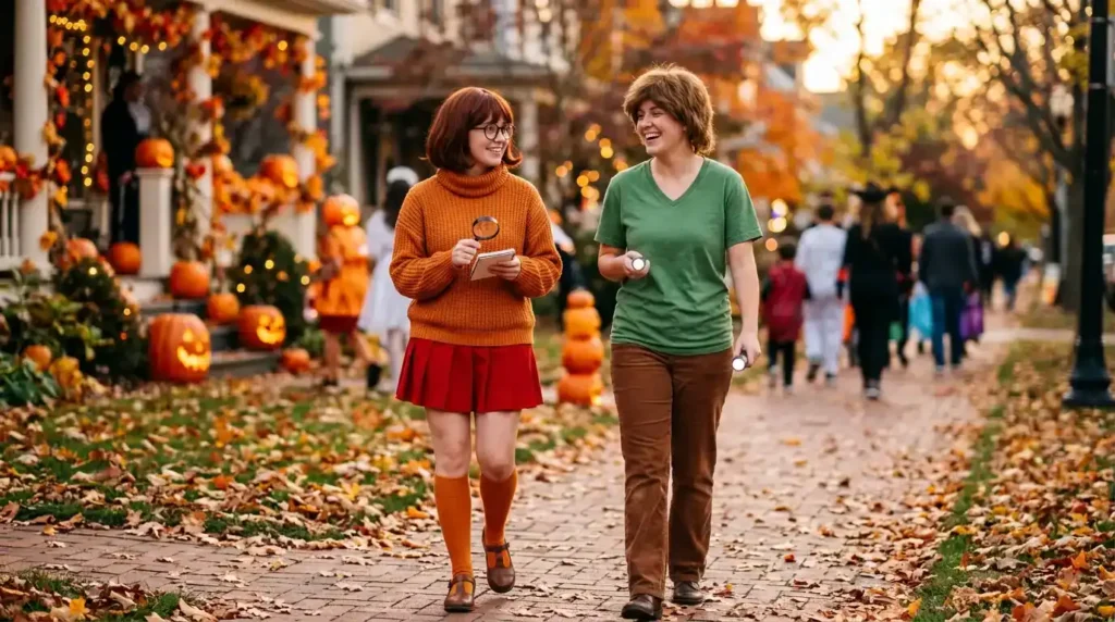 Two friends wearing classic Scooby Doo costumes ideas with orange sweater and green shirt outfits