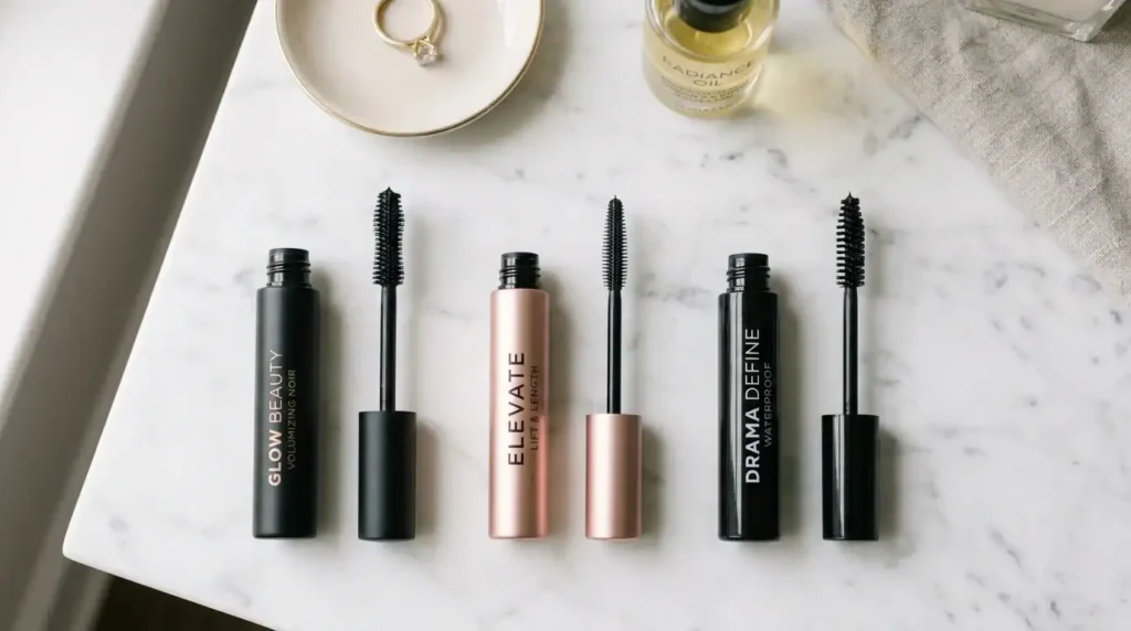 Three open mascara tubes and wands on a marble vanity, highlighting the best mascaras for long, voluminous lashes.