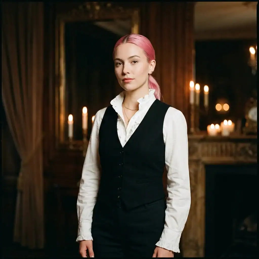 Chic Dracula costume idea with ruffled blouse and pink hair