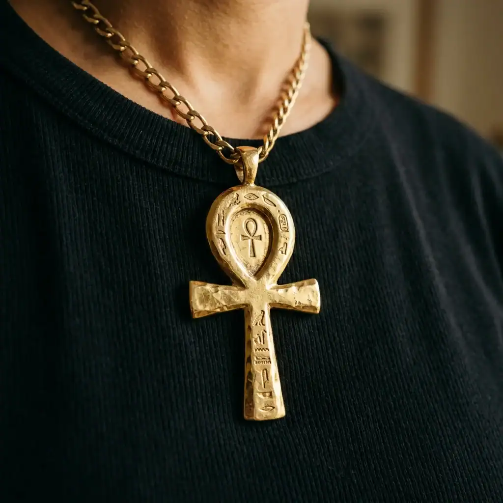 Statement gold ankh pendant styled as Cleopatra costume jewelry detail.