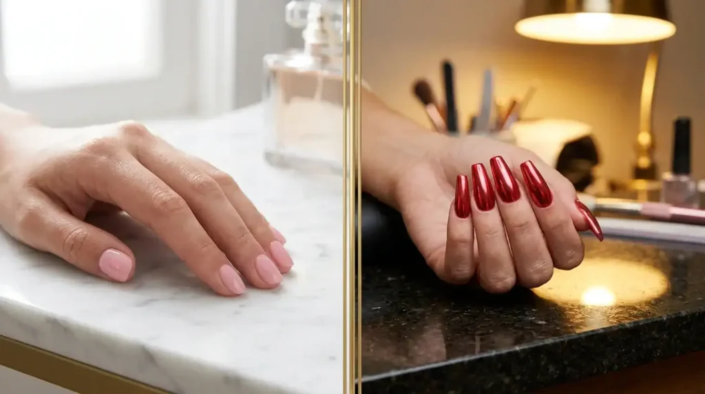 Gel vs acrylic nails comparison showing glossy gel and long acrylic sets