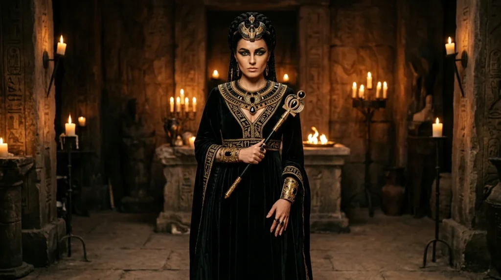 Black and gold gothic Cleopatra gown costume idea with dramatic candlelit styling.