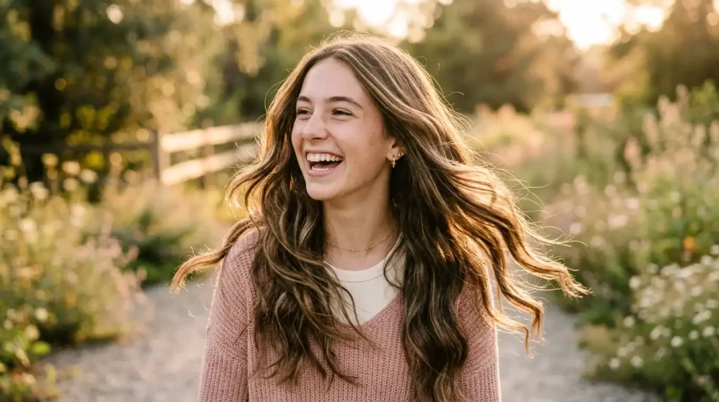 Teen girl with cute low-maintenance long layered haircut smiling outdoors