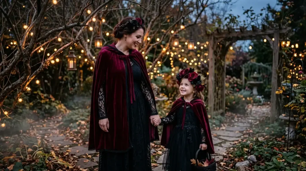 Mom and daughter wearing matching dark romance halloween costumes in a garden