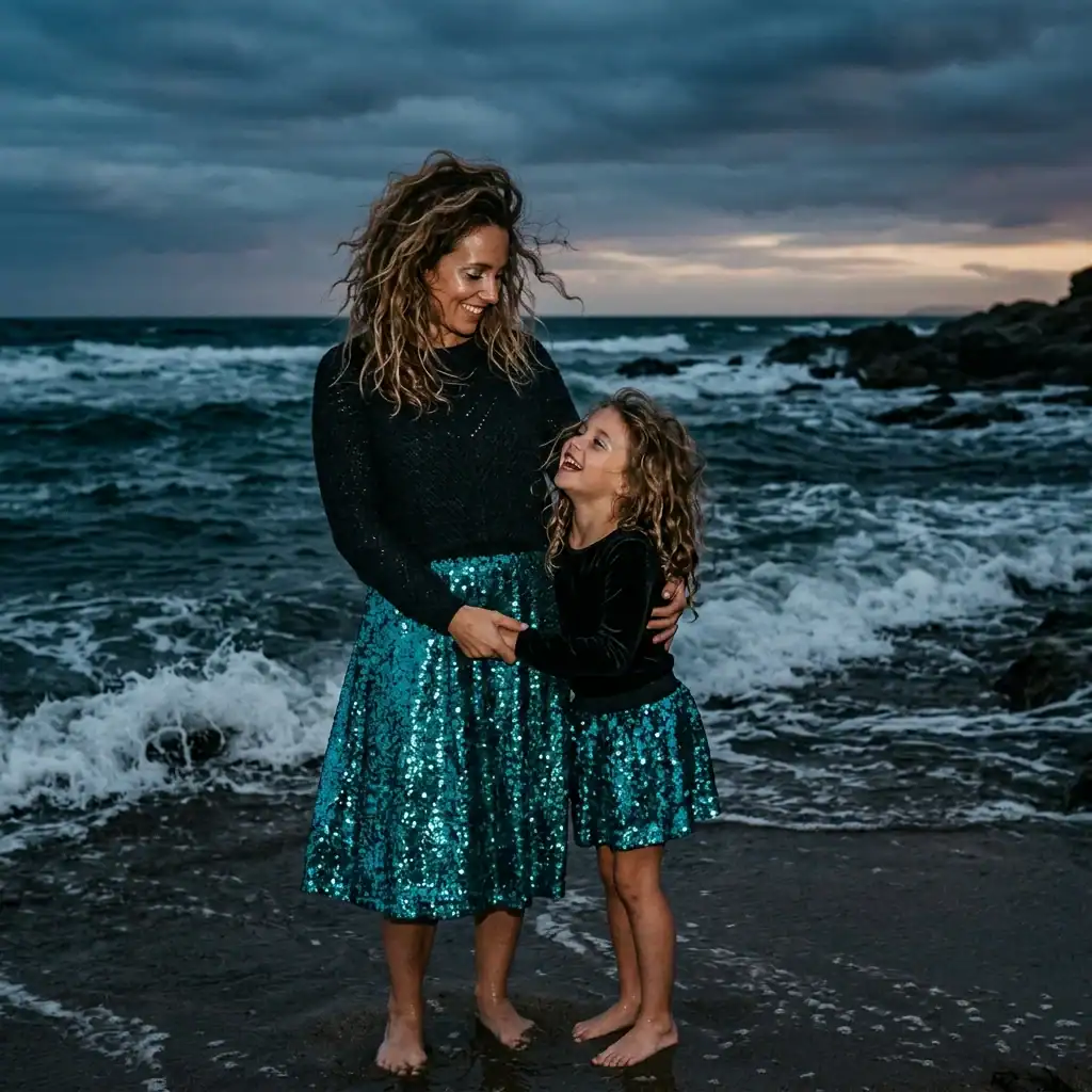 Mom and daughter dark mermaid siren halloween costumes with teal sequins and shimmer