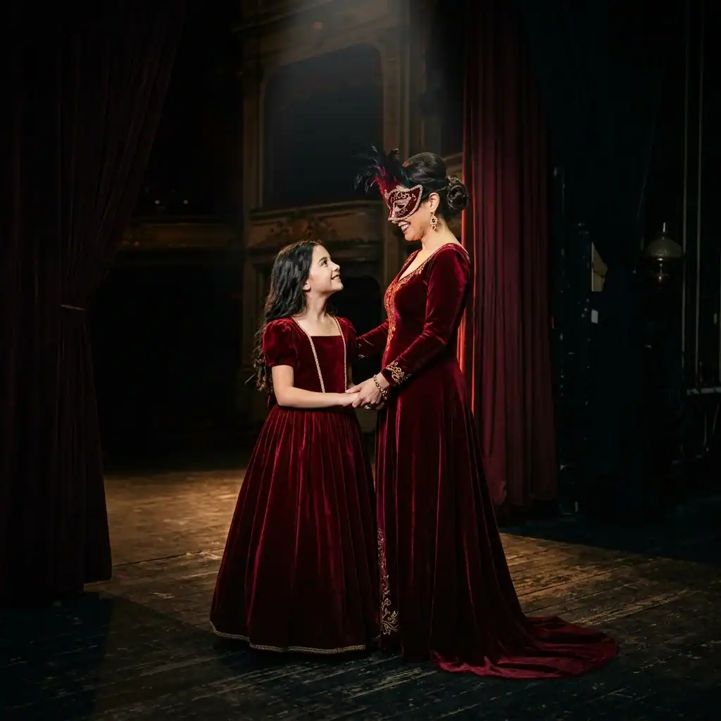 Mom and daughter Phantom of the Opera inspired halloween costumes with red velvet gowns