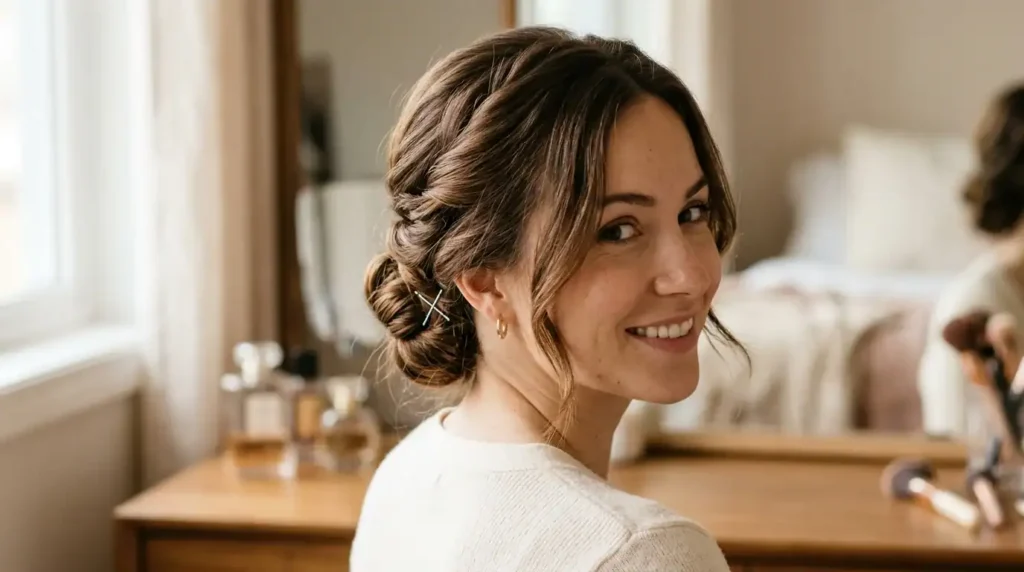 Finished medium length updo held in place with a secure twisted bun
