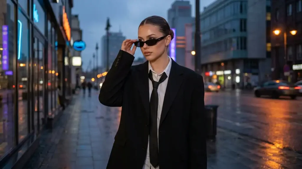 Stylish woman modeling a street chic men in black costume outfit.