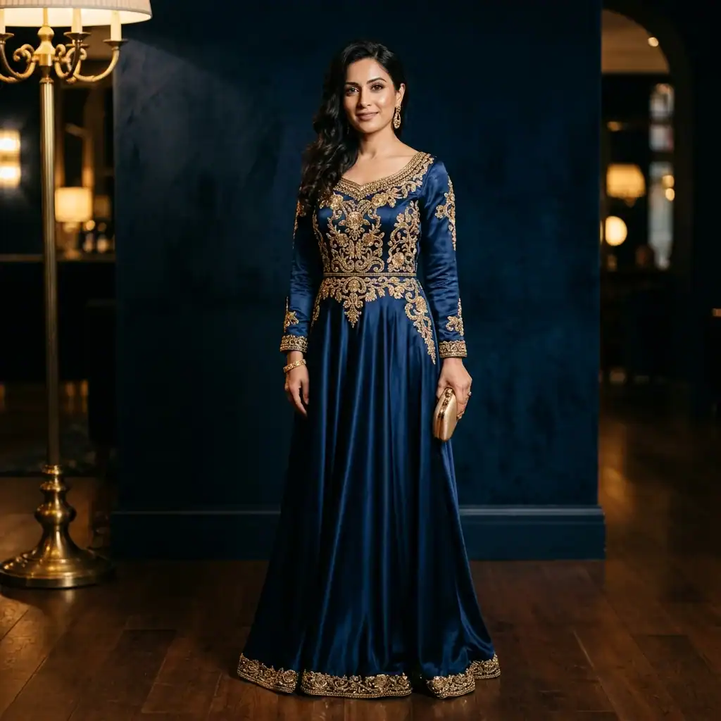 Midnight blue and gold Egyptian queen costume idea with rich detailing.