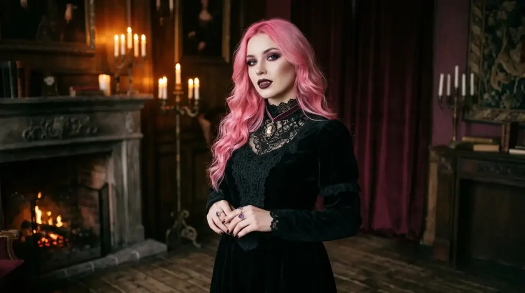 Woman in pink hair Halloween costume wearing a glam vampire velvet gown