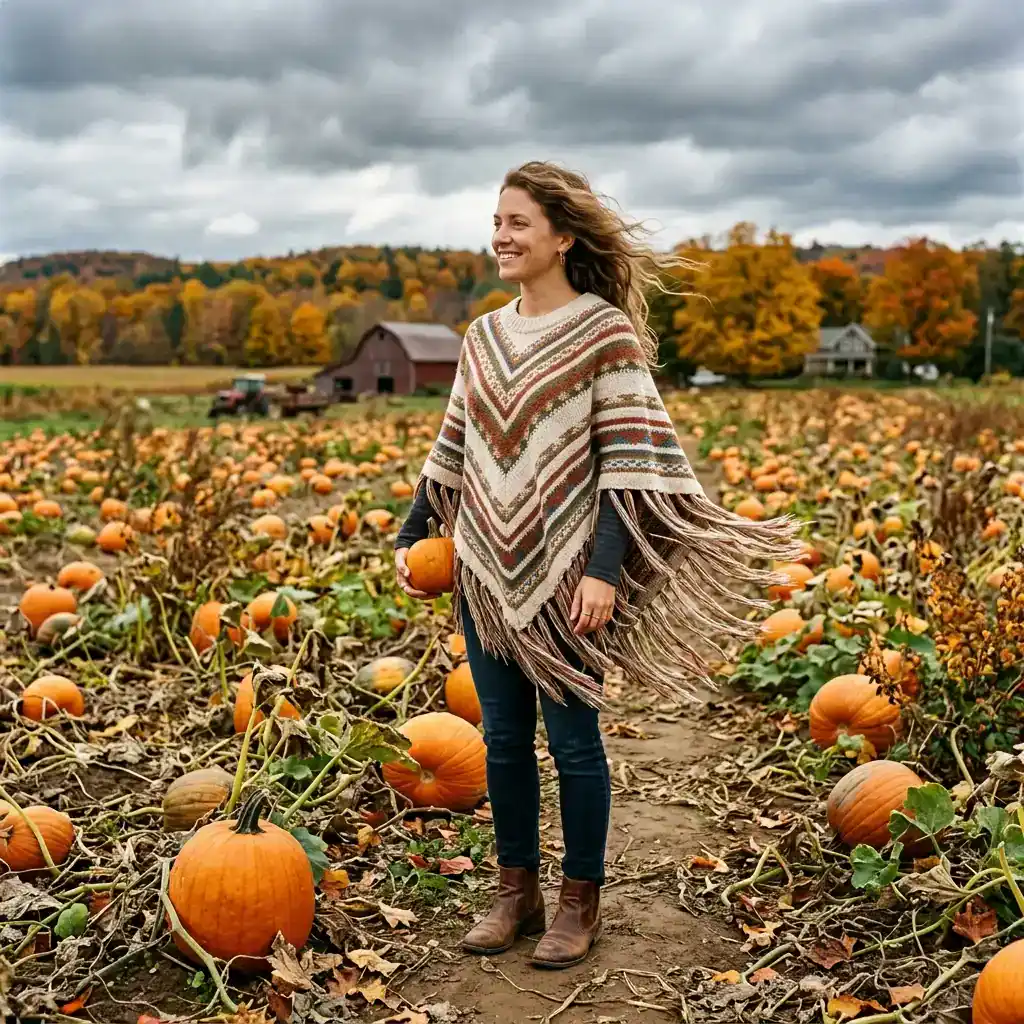 Woman in knit poncho cozy pumpkin patch outfit look
