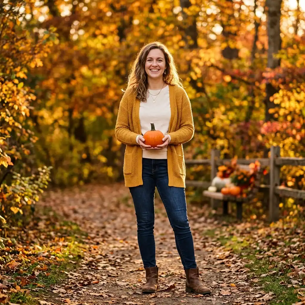 Woman in mustard cardigan cute pumpkin patch outfit idea