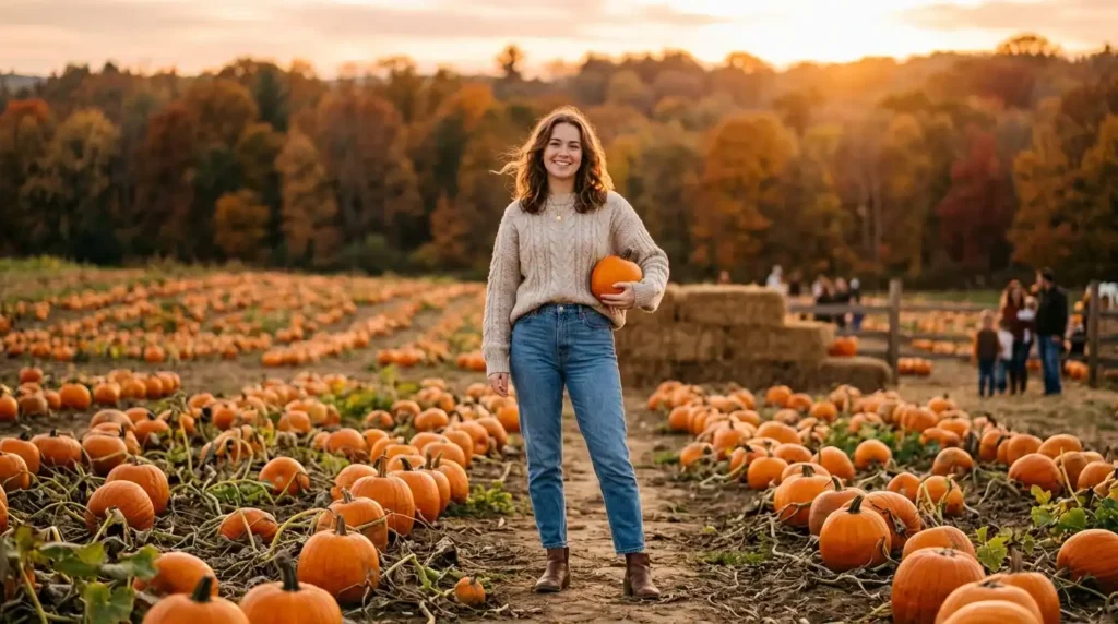 Woman in cozy cable-knit sweater standing in a fall pumpkin patch