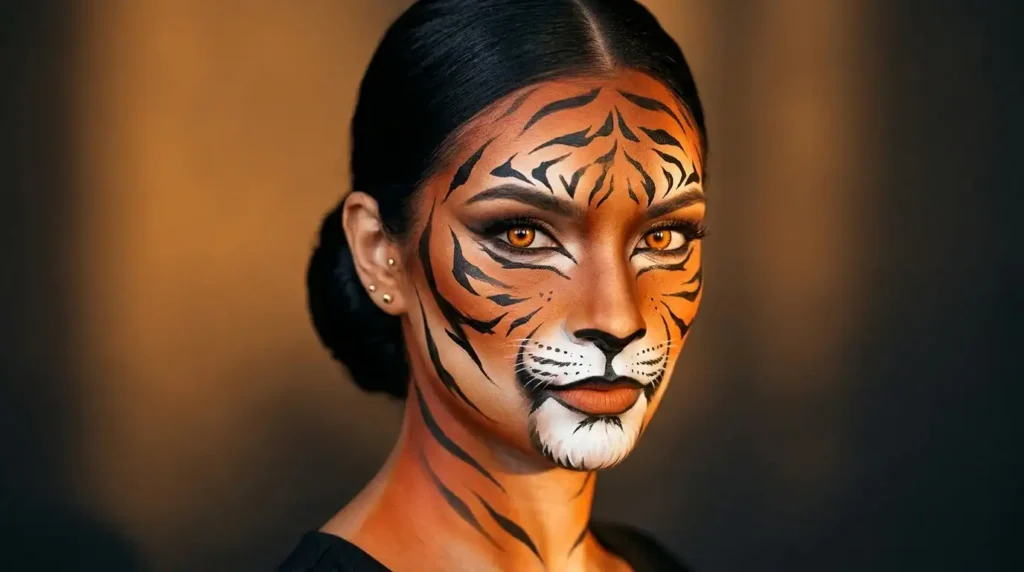woman wearing bold tiger makeup with orange base and black stripes
