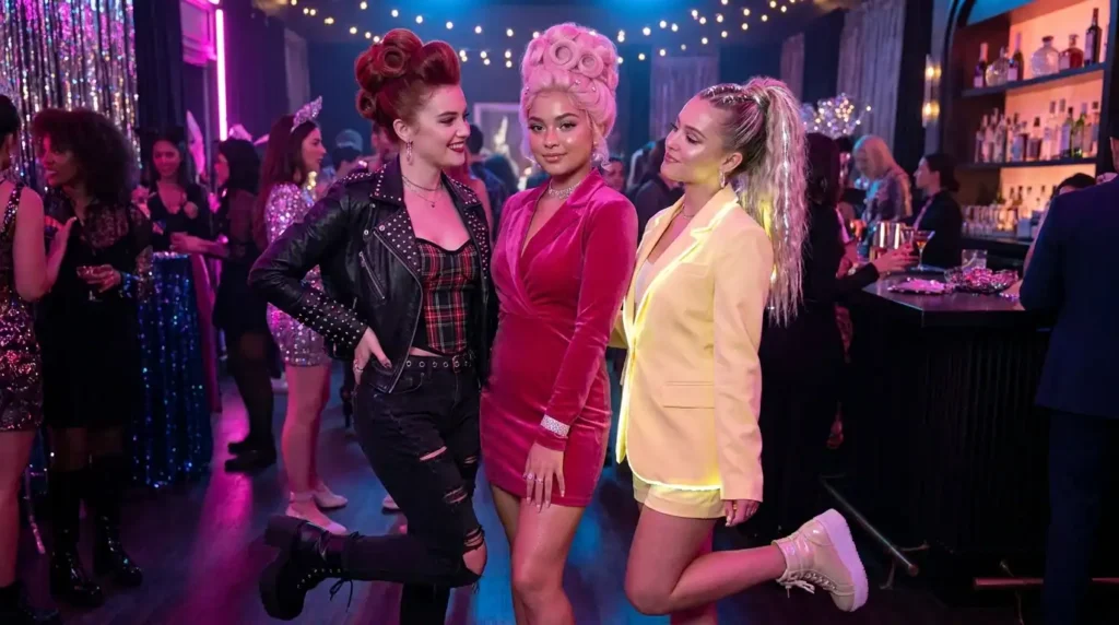 Three women wearing chic trolls costume ideas for a stylish Halloween party look.