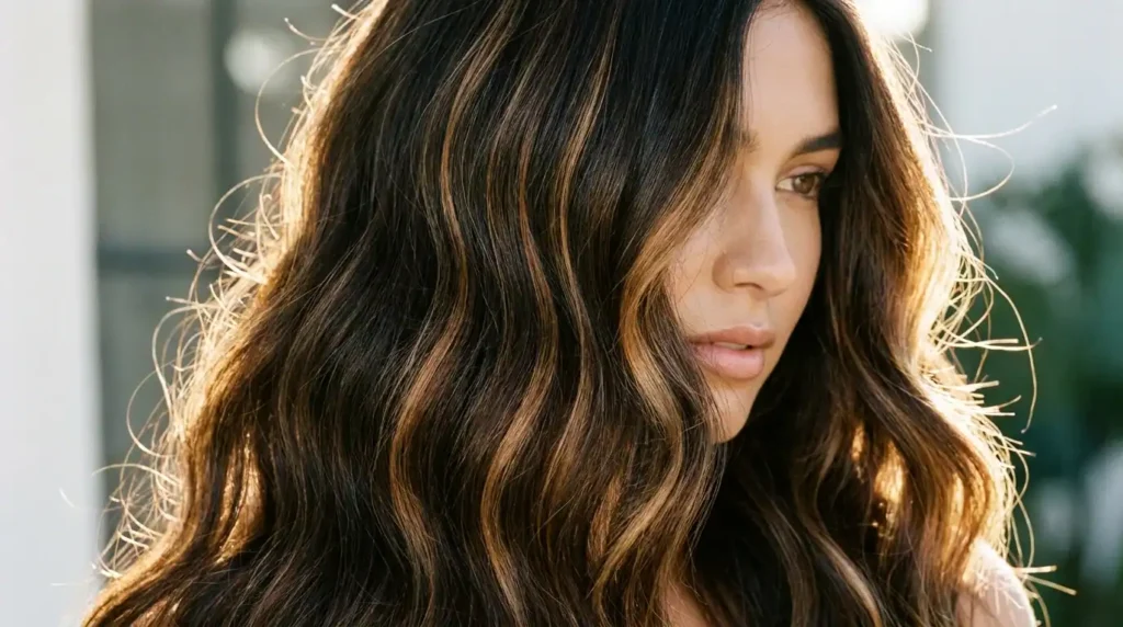 Glossy sugar brunette hair with rich caramel dimension and deep chocolate roots.