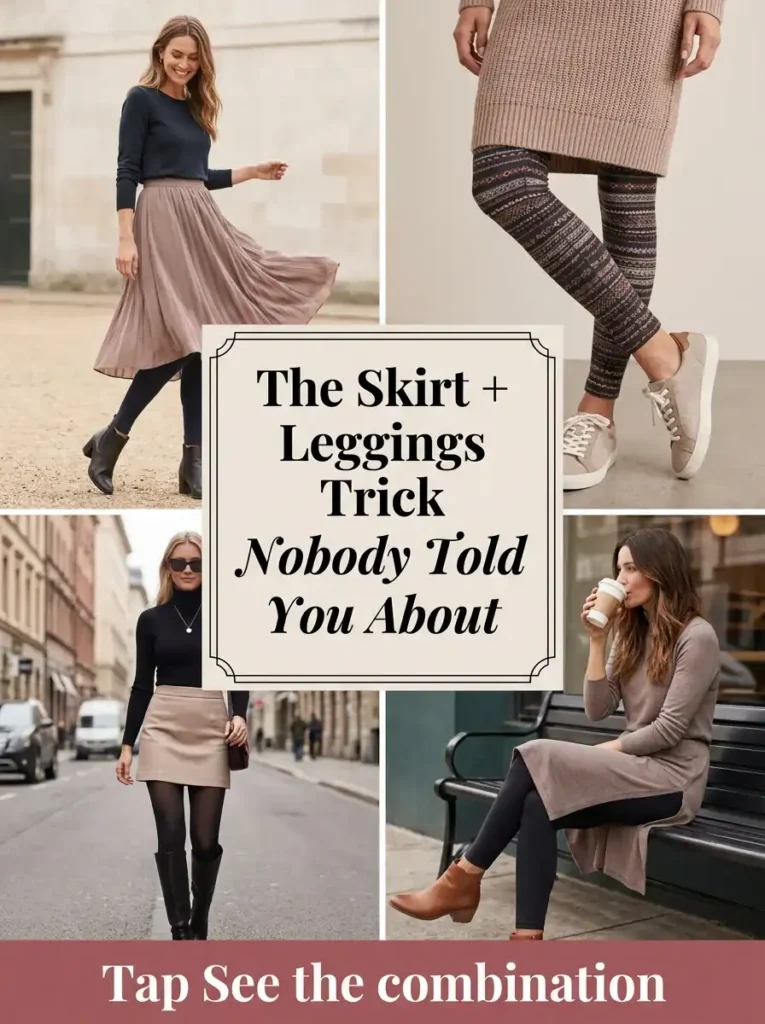 Collage of four skirt and leggings outfit ideas, with text reading: The Skirt + Leggings Trick Nobody Told You About