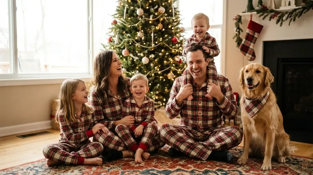 Family of four in matching red plaid Christmas pajamas by a lit Christmas tree