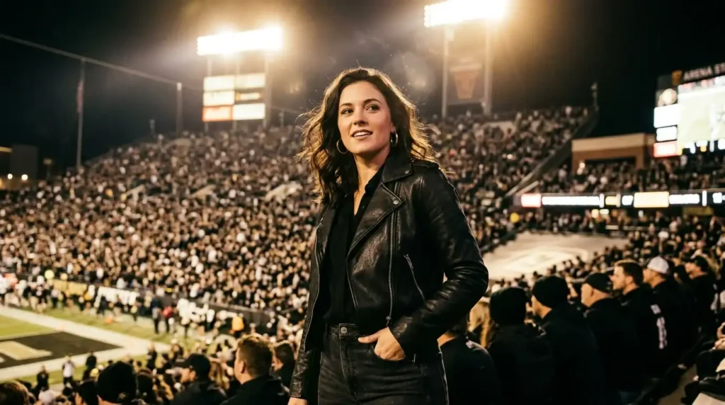 Woman in black out football game outfit under stadium lights