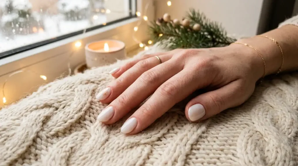 Close-up of milky white December nails with a soft gold fleck accent