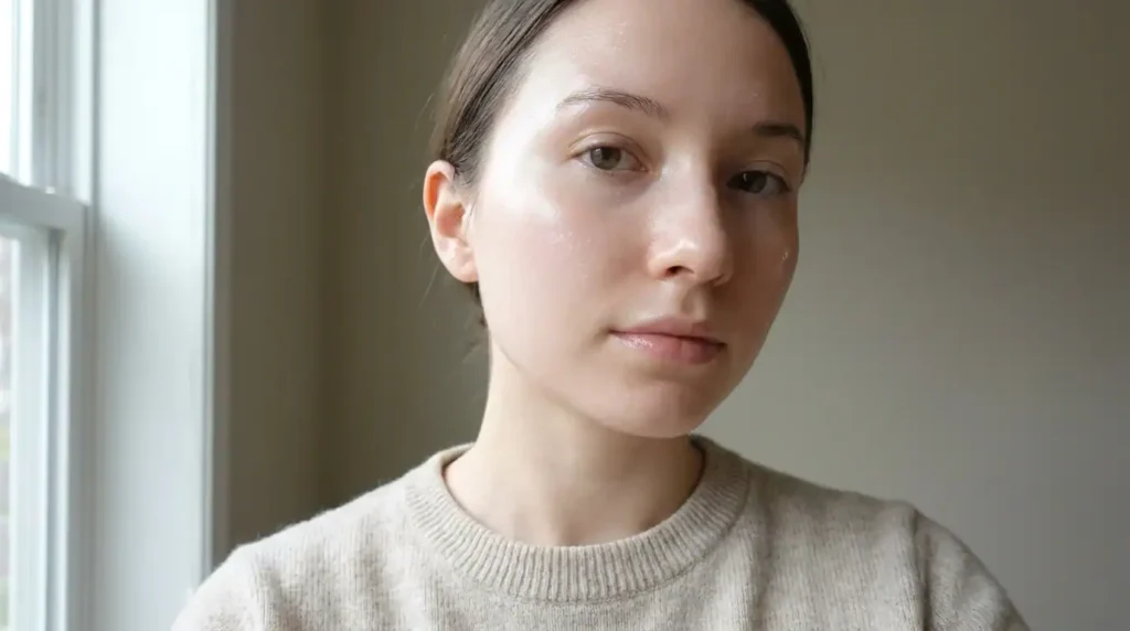 Woman with glass-skin finish face makeup applied in correct order