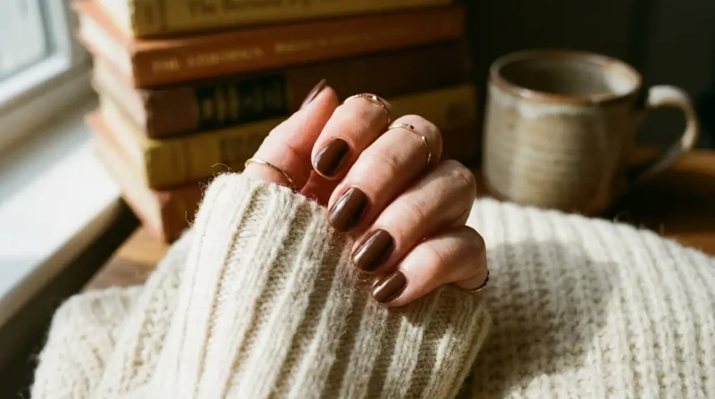Fall nail color manicure in chocolate espresso brown on cozy sweater
