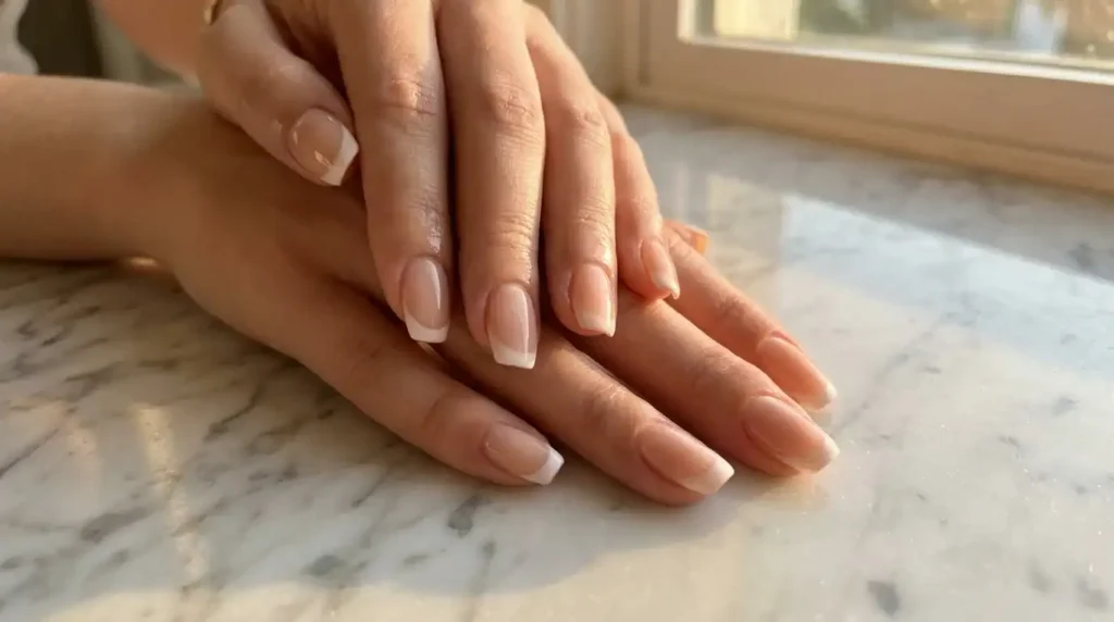 Close-up of even, glossy french tip nail design on natural nails