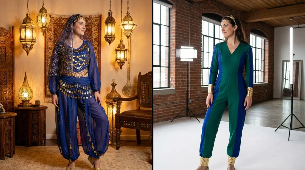 Classic blue genie Halloween costume next to a modern structured genie jumpsuit costume