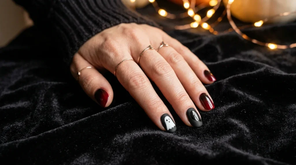 Halloween manicure with cute and gothic ghost nail ideas on dark background