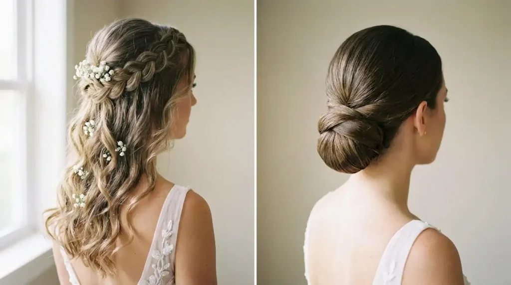 Split-screen comparison of half-up and full updo bridal hairstyles