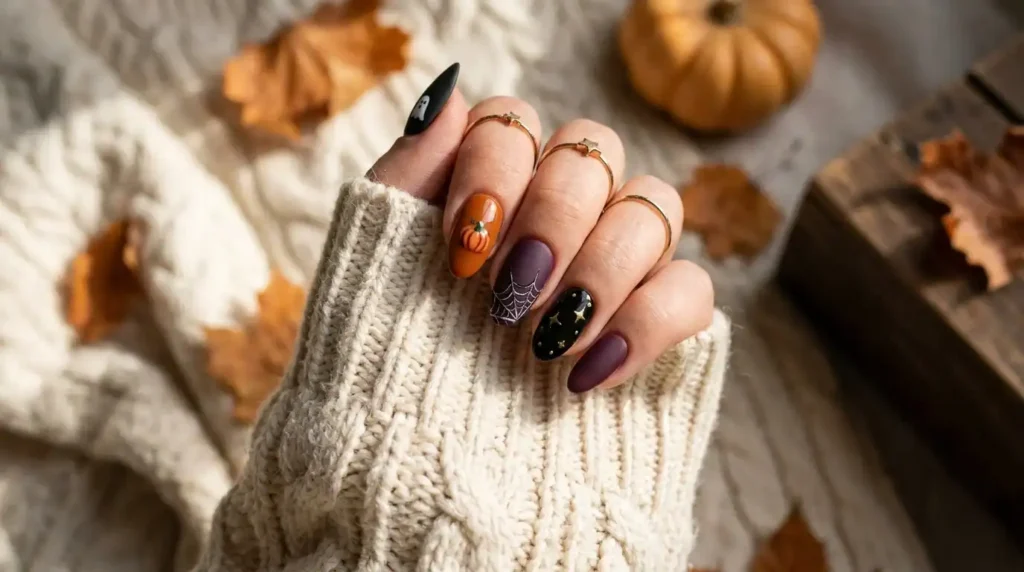 Halloween nail designs featuring ghost, pumpkin, and spiderweb nail art