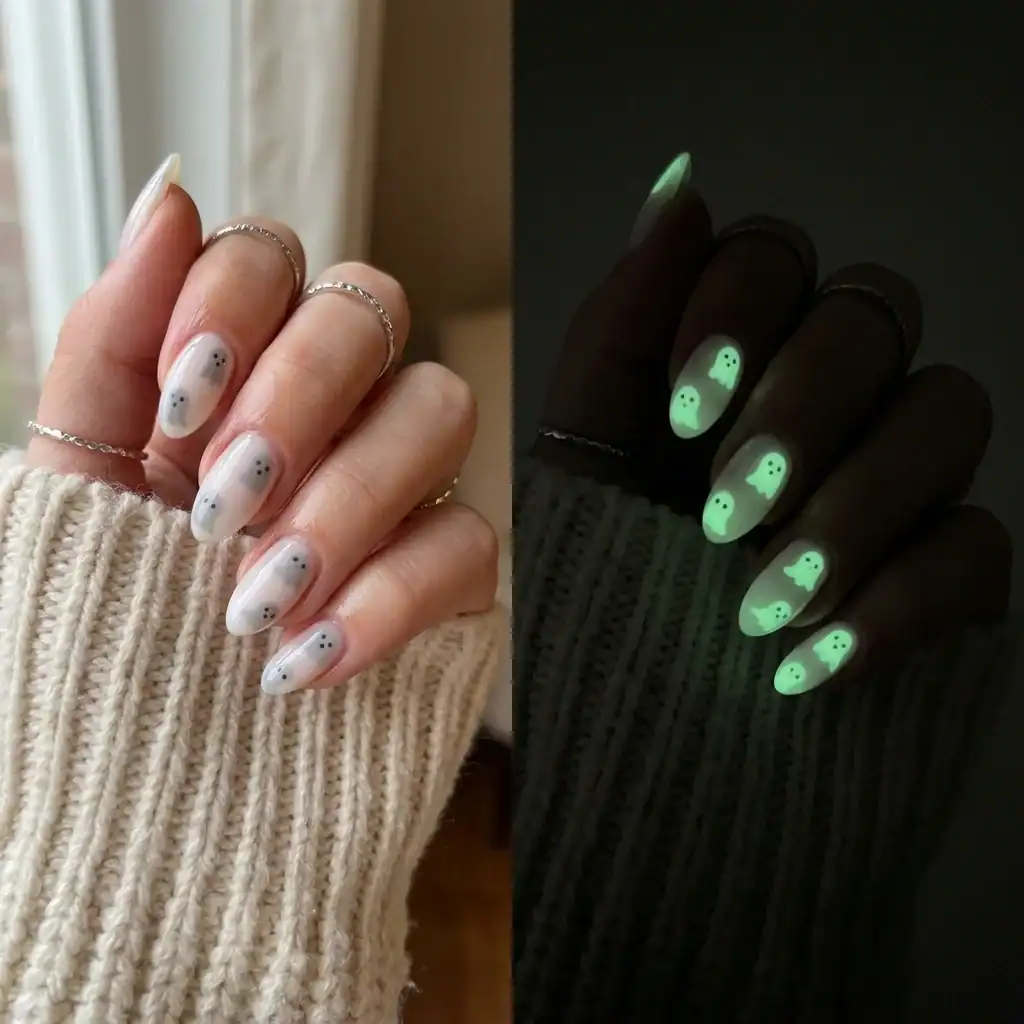 Glow in the dark ghost accent Halloween nail design