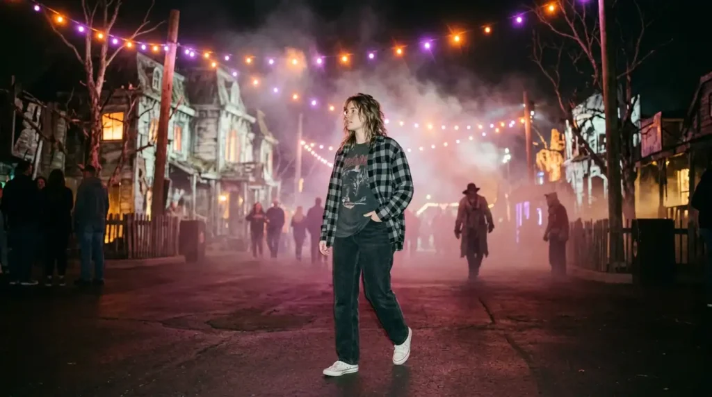 Woman wearing a comfortable layered HHN outfit walking through a lit scare zone at night
