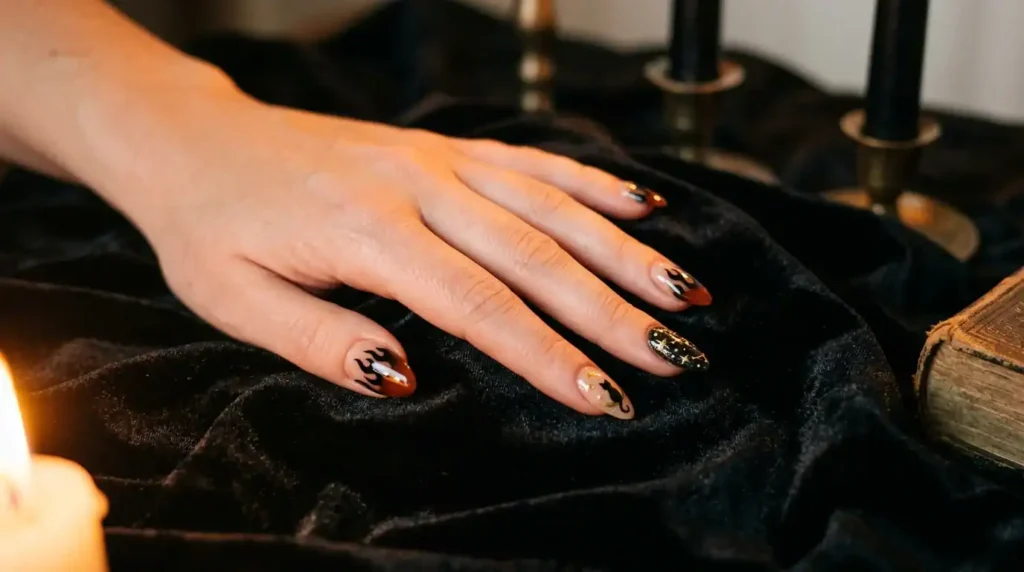 Hand with hocus pocus nail art featuring flame ombre and black cat design