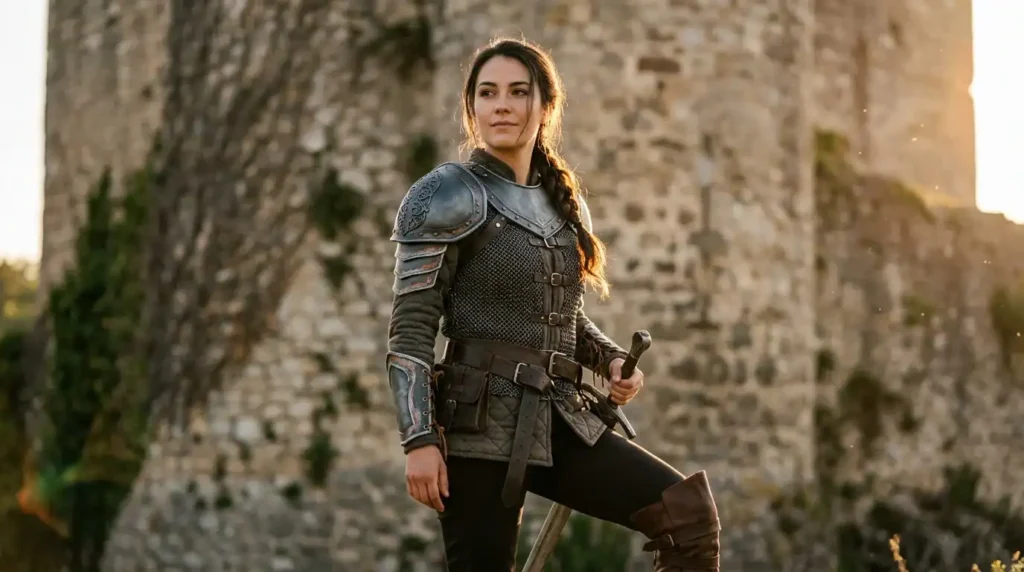 Woman wearing an upgraded knight costume women outfit with real foam armor pieces