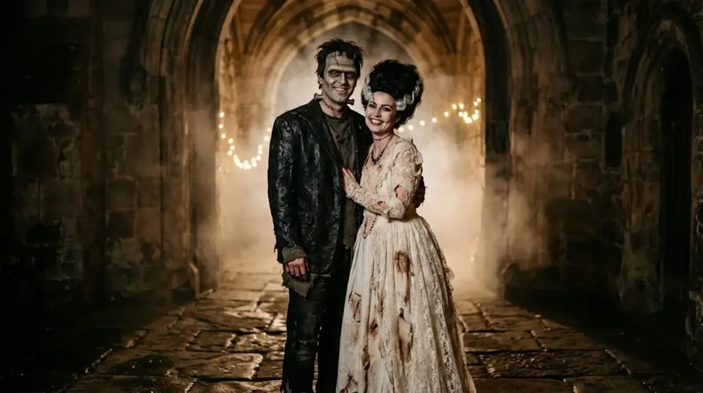 finished Frankenstein and bride costume matched in color and makeup