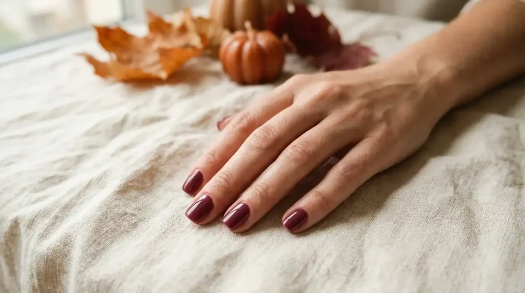 Polished september nails square shape in deep berry fall color