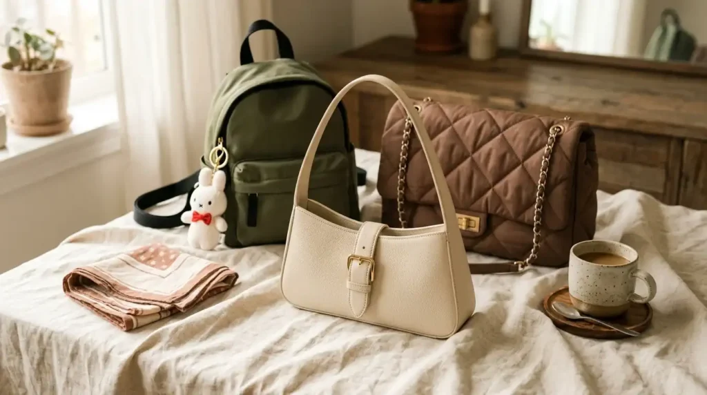 Flat lay of three trending Korean style bags on linen fabric