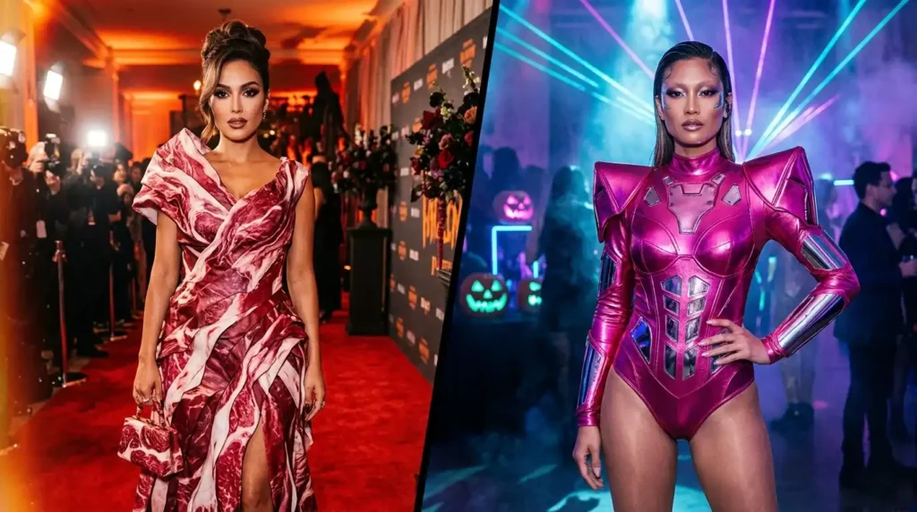 Side-by-side comparison of a Lady Gaga meat dress costume and a Chromatica pink bodysuit costume