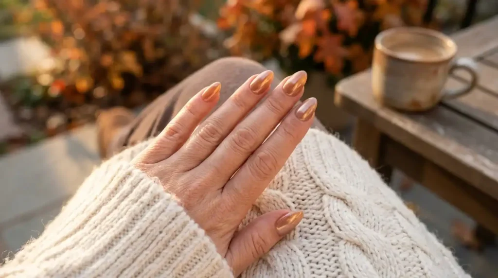 Warm caramel october nails glowing in fall golden hour light