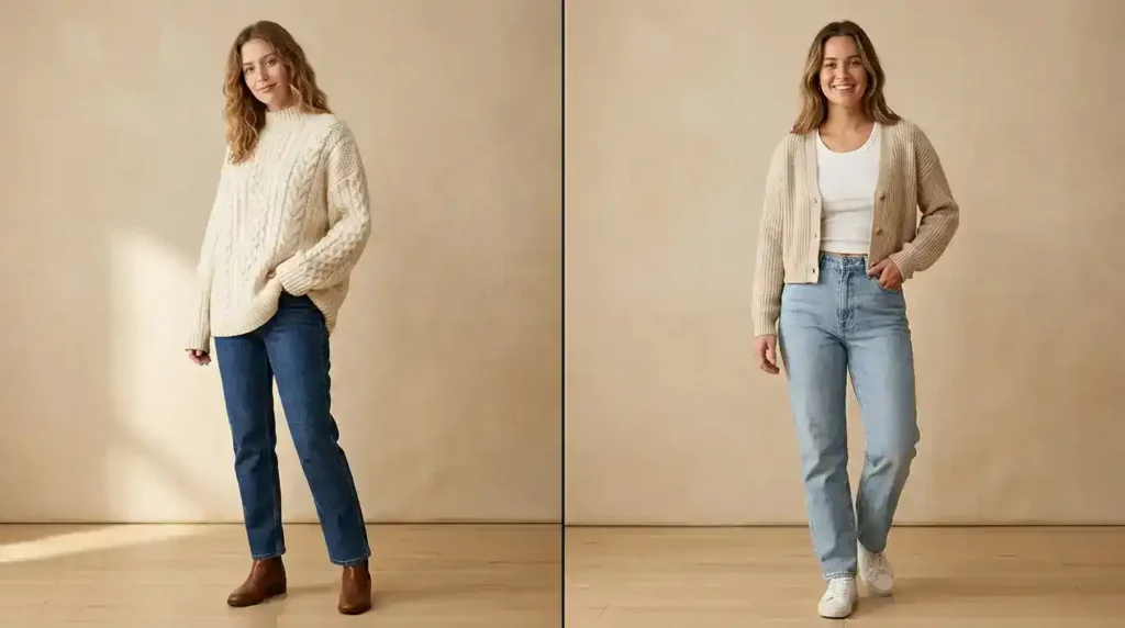Side-by-side comparison of an oversized cable knit sweater and a cropped cardigan on two models